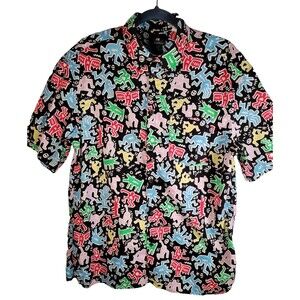 Keith Haring H&M Collab Black All Over Print Shirt MEDIUM Men's Relaxed Fit